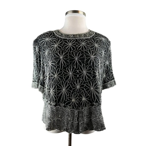 *Flawed* Vintage Laurence Kazar Silk Beaded Embellished Top Black Plus Size 3X - Picture 3 of 12
